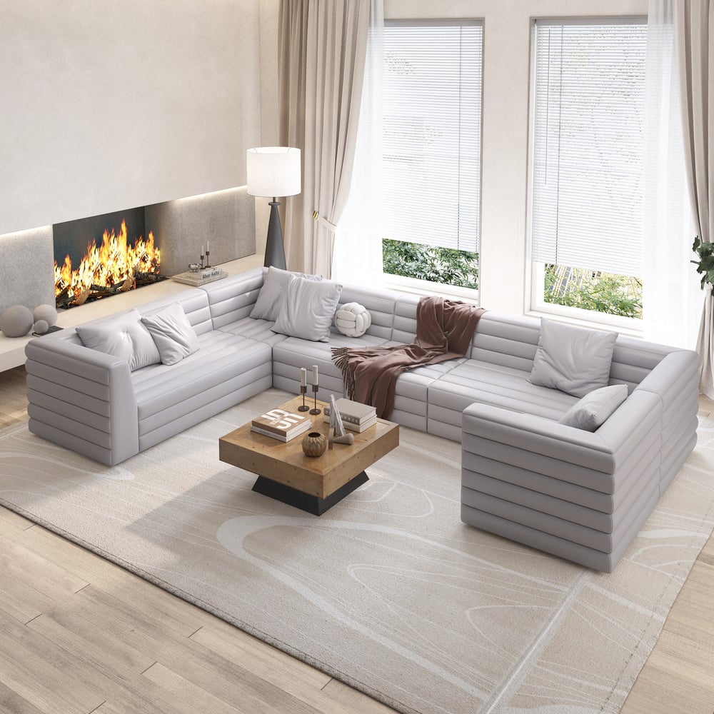 Questions et Réponses pour Canapé sectionnel modulaire moderne en cuir microfibre gris en forme de U de 3200 mm pour 8 places