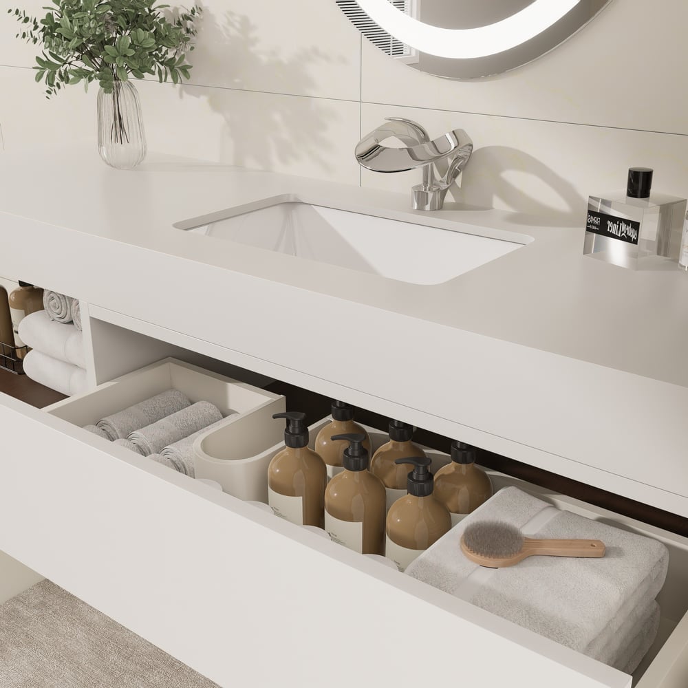 Klantrecensies voor Moderne zwevende wastafel van 1500 mm met spoelbak van gesinterd steen en 2 laden