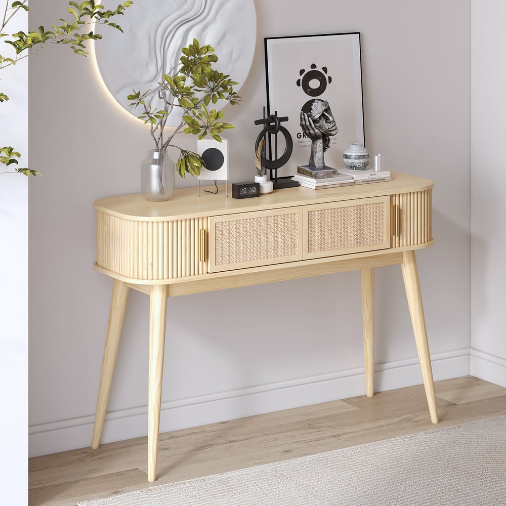 Domande e risposte per Consolle in legno naturale con contenitore (47,2 «)