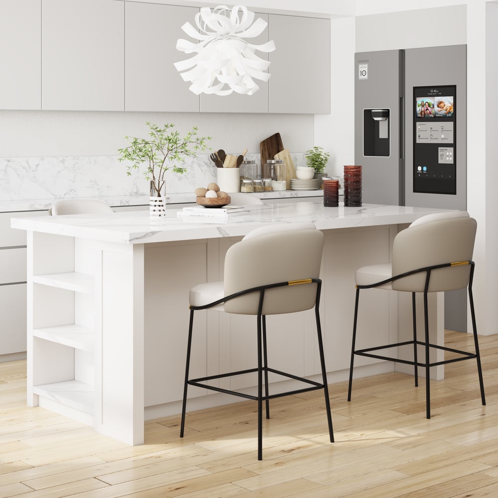 Pytania i odpowiedzi dla Zestaw 4 nowoczesnych stołków barowych z tapicerką ze skóry PU w kolorze beżowo-szarym