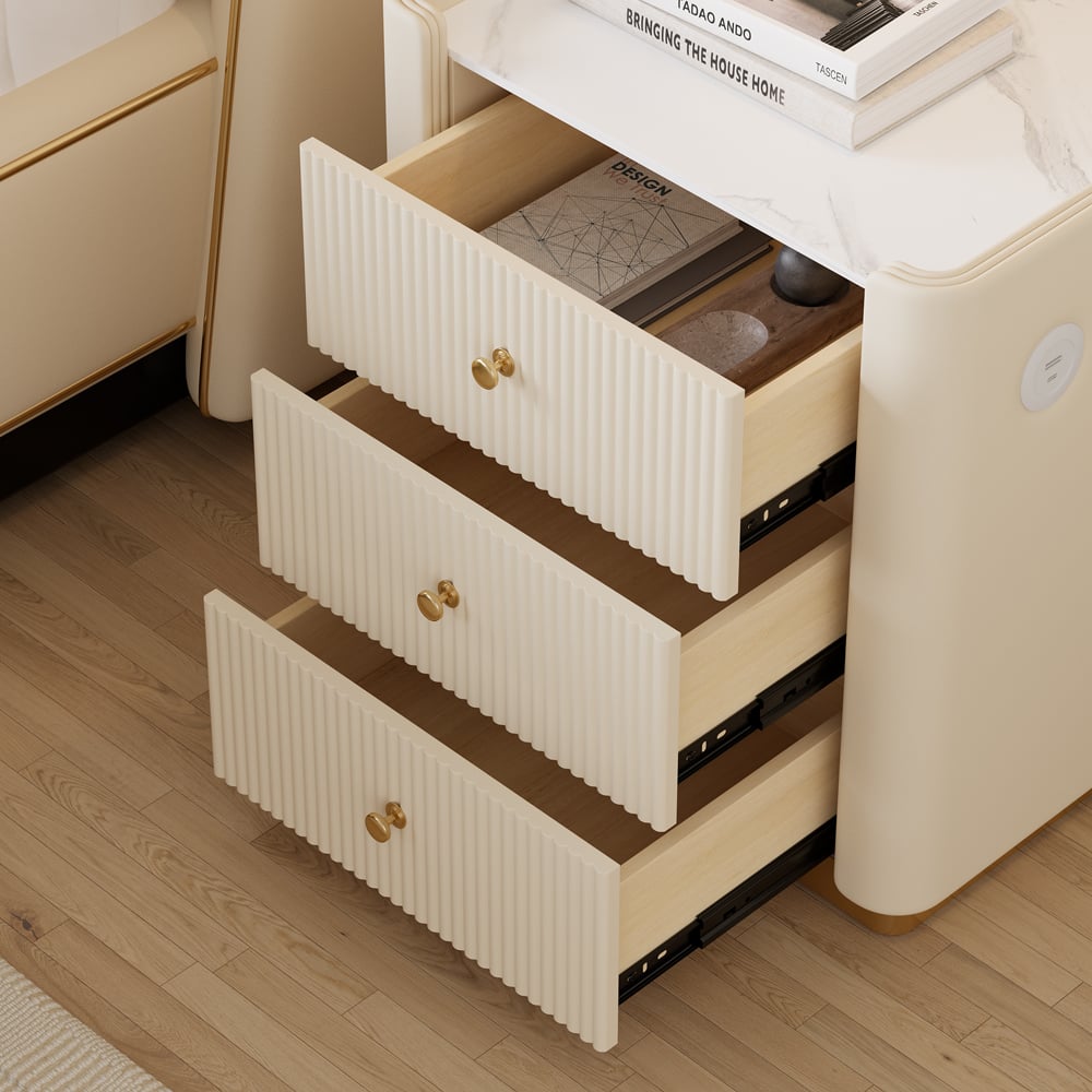 King Size Upholstered Bed Frame Polished Gold & Faux Leather Headboard & Nightstands Set King Size Upholstered Bed Frame Polished Gold & Faux Leather Headboard & Nightstands Set window image