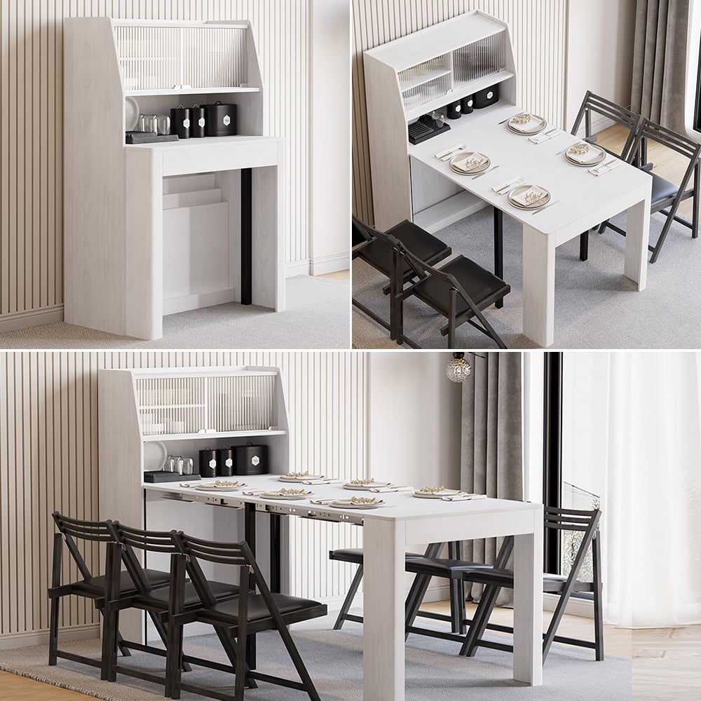 Questions et Réponses pour Table à manger blanche extensible moderne avec rangement, buffet rectangulaire, porte vitrée