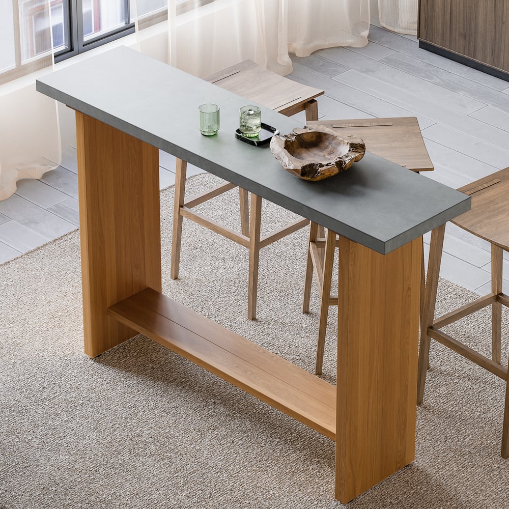 Pytania i odpowiedzi dla 55" Betonowy szary bar Wysokość stołu pubowego Stół kuchenny Stół barowy z litego drewna Naturalny cokół