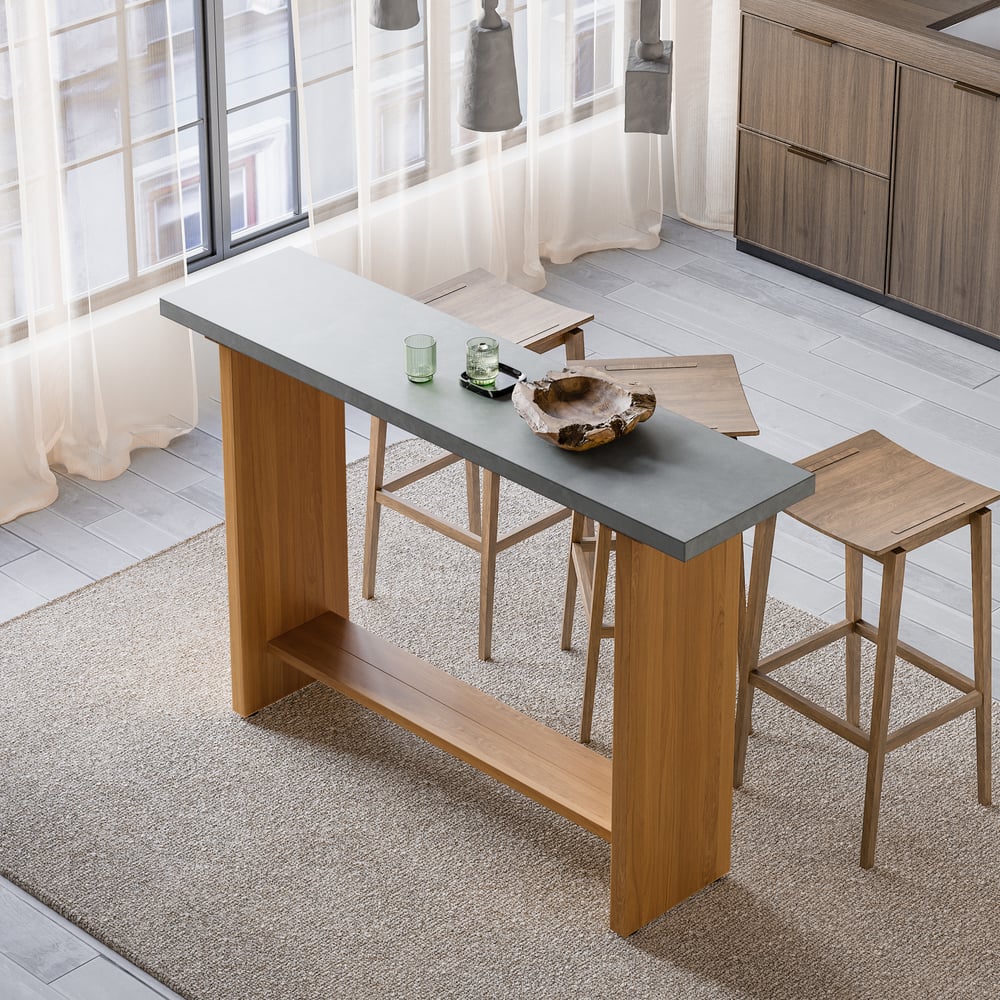 Pytania i odpowiedzi dla 55" Betonowy szary bar Wysokość stołu pubowego Stół kuchenny Stół barowy z litego drewna Naturalny cokół