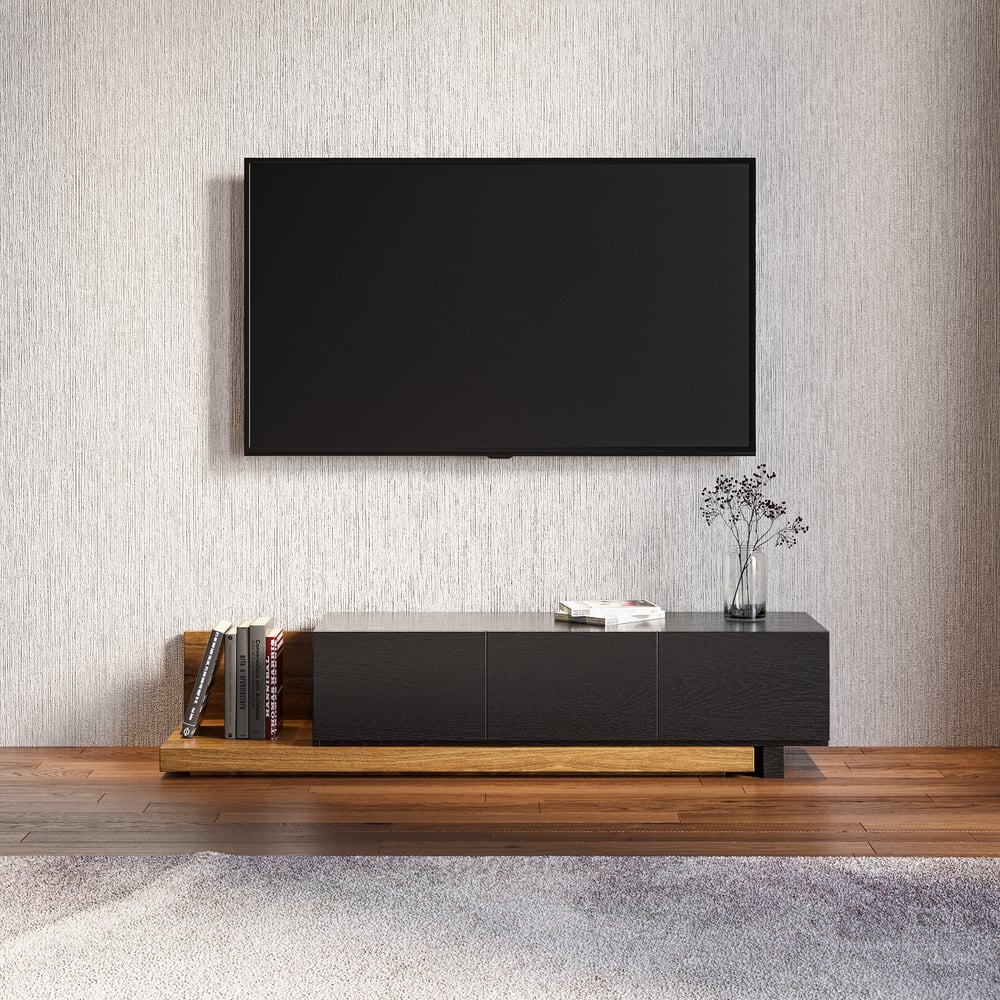 Vragen en antwoorden voor Uitschuifbaar tv-meubel in zwart en walnoot met 3 laden (1200 mm — 2500 mm)