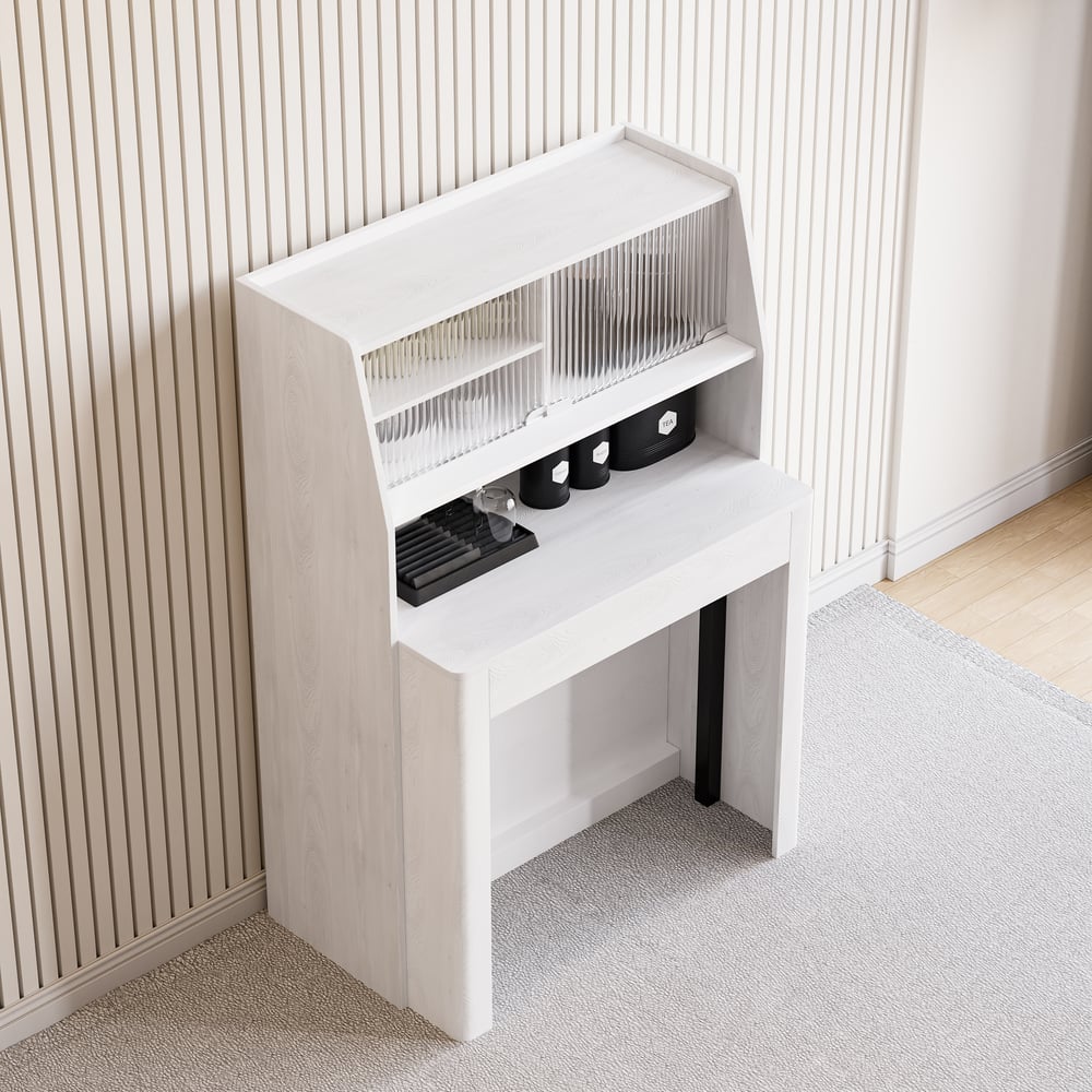 Questions et Réponses pour Table à manger blanche extensible moderne avec rangement, buffet rectangulaire, porte vitrée