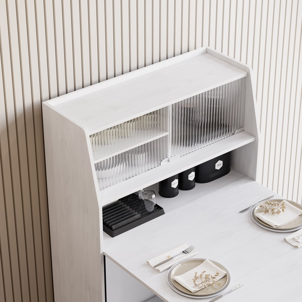 Domande e risposte per Tavolo da pranzo allungabile Farmhouse da 70,9 pollici con credenza portaoggetti bianco per 4-6 persone