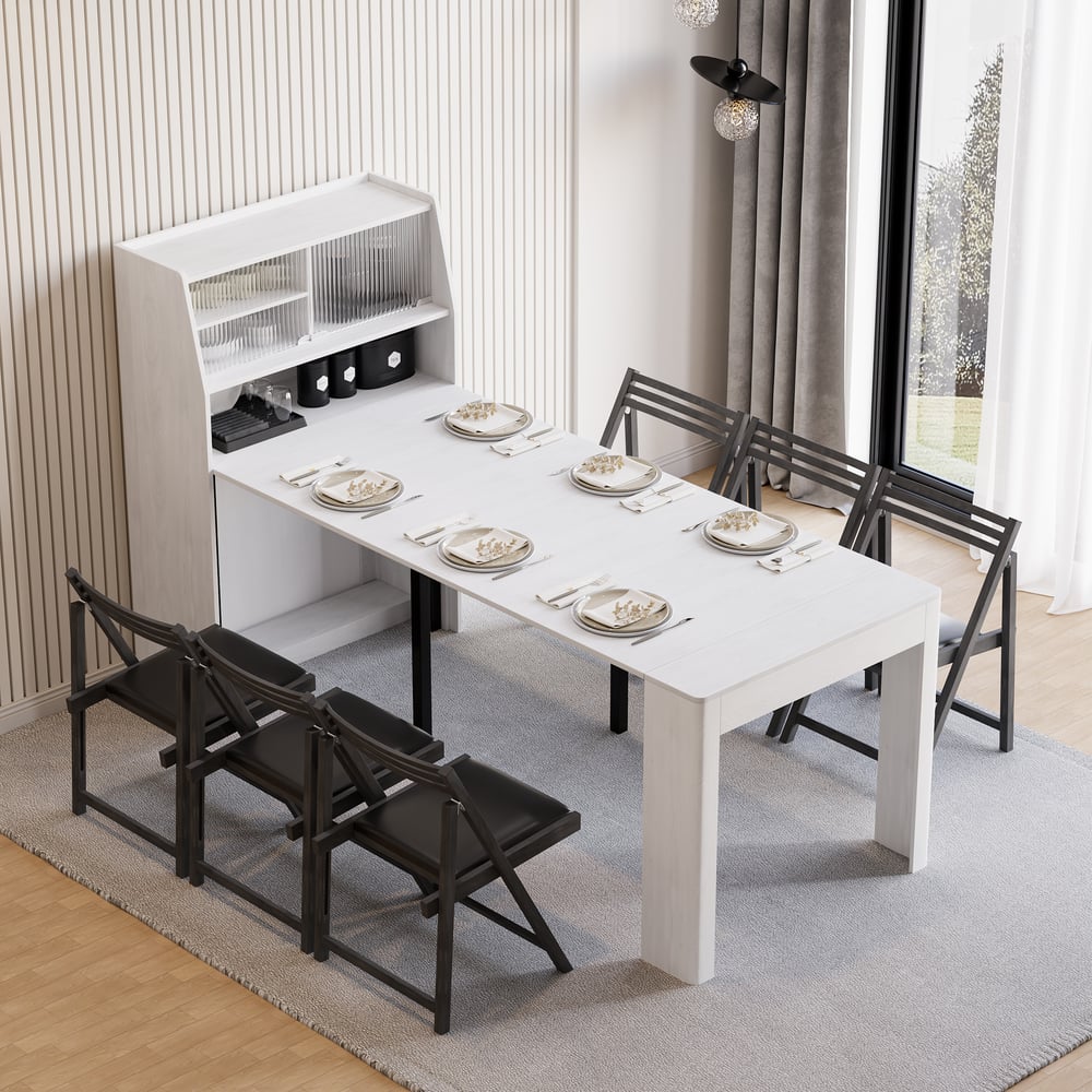 Questions et Réponses pour Table à manger blanche extensible moderne avec rangement, buffet rectangulaire, porte vitrée