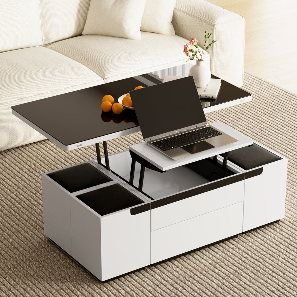 Questions and Answers for Modern White Lift Top Glass Coffee Table with Drawers & Storage Multifunction Table