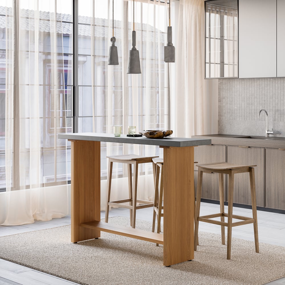 Pytania i odpowiedzi dla 55" Betonowy szary bar Wysokość stołu pubowego Stół kuchenny Stół barowy z litego drewna Naturalny cokół