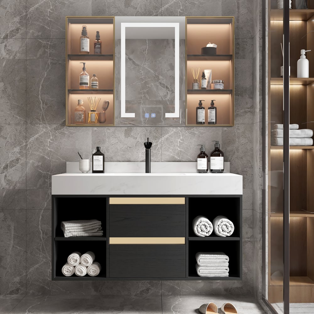 Questions and Answers for 1000mm Floating Bathroom Vanity Set with Ceramic Basin 2 Drawers & Open Shelves in Black