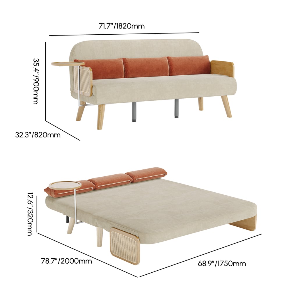 72" Queen 2-Seater Linen & Rattan Sleeper Sofa with Tray weights dimensions image