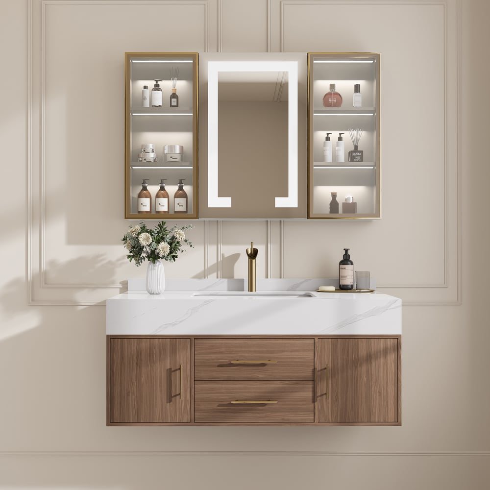 Questions and Answers for 1000mm Walnut Floating Bathroom Vanity Set Stone Top Wall Mounted Bathroom Cabinet