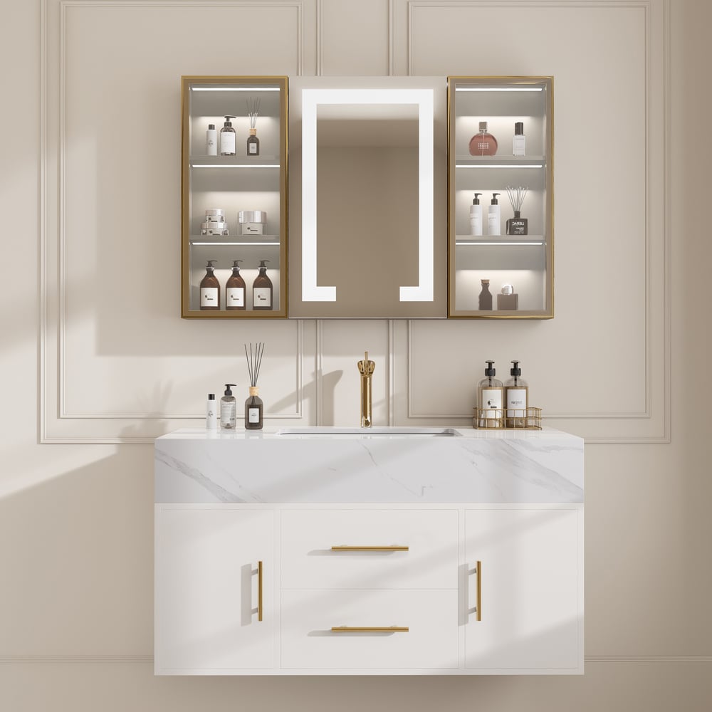 Questions and Answers for Modern 1000mm White Floating Bathroom Vanity Set Stone Top Wall Mounted Bathroom Cabinet