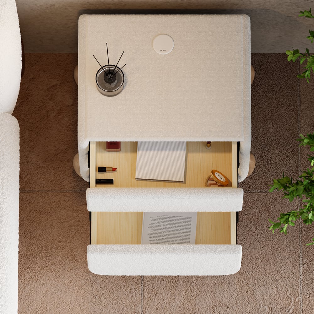 Questions and Answers for Curva 2-Drawer Smart Boucle Nightstand with Natural Wood Legs