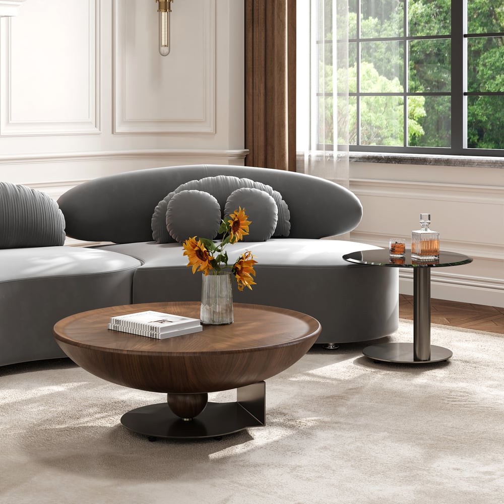 Perguntas e respostas para Conjunto de 2 mesas de café Glass Top Walnut Nesting (22"-35")