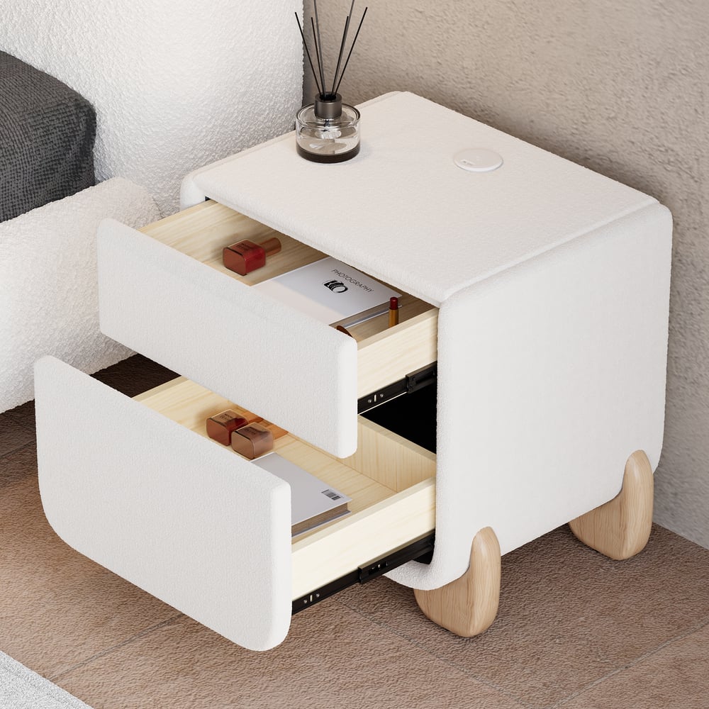 Questions and Answers for Curva 2-Drawer Smart Boucle Nightstand with Natural Wood Legs