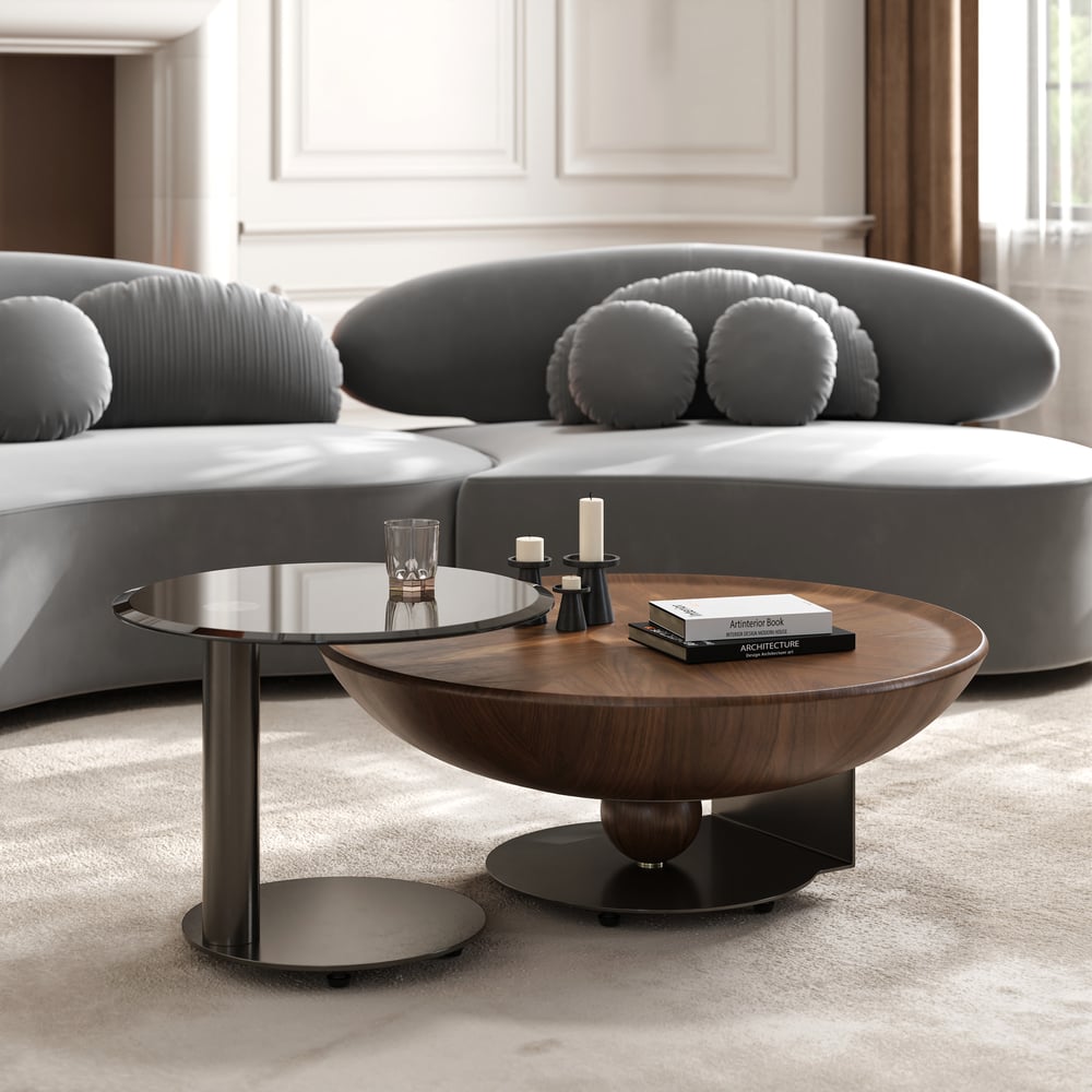 Perguntas e respostas para Conjunto de 2 mesas de café Glass Top Walnut Nesting (22"-35")