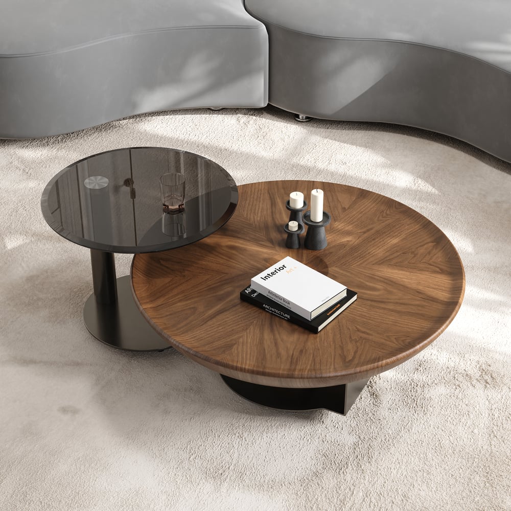 Perguntas e respostas para Conjunto de 2 mesas de café Glass Top Walnut Nesting (22"-35")