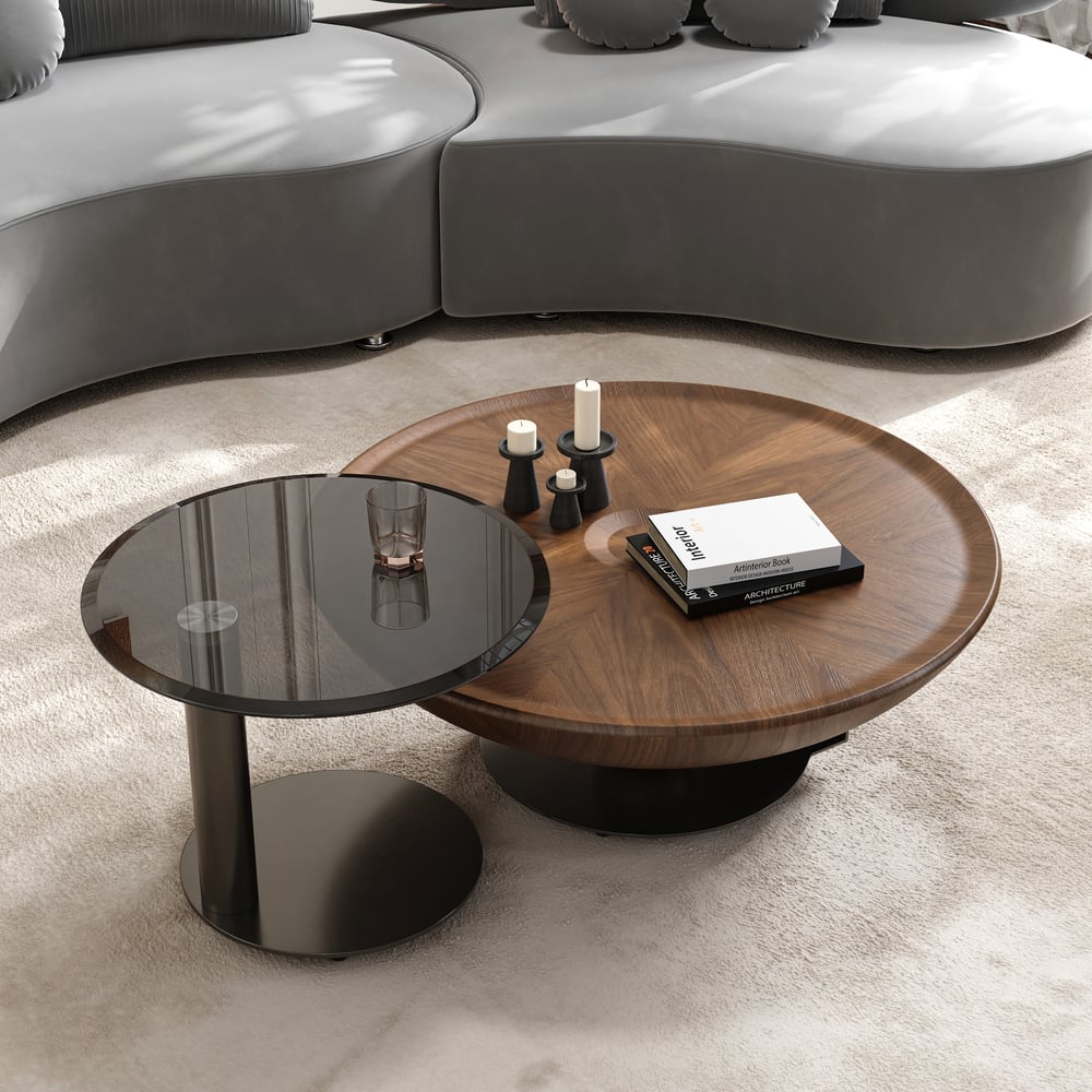 Perguntas e respostas para Conjunto de 2 mesas de café Glass Top Walnut Nesting (22"-35")