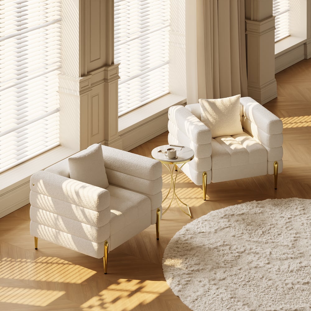 Questions et Réponses pour Fauteuil d'appoint rembourré Aurora Boucle au fini doré, ensemble de 2