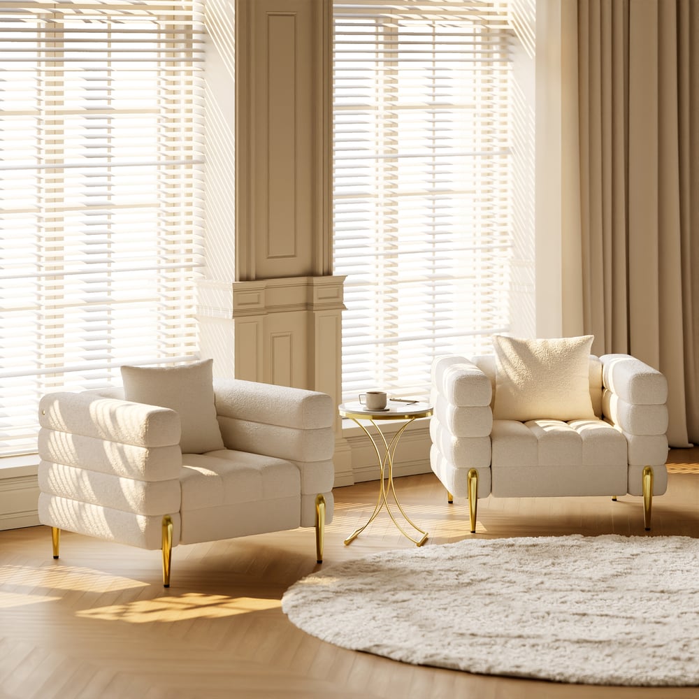 Questions et Réponses pour Fauteuil d'appoint rembourré Aurora Boucle au fini doré, ensemble de 2