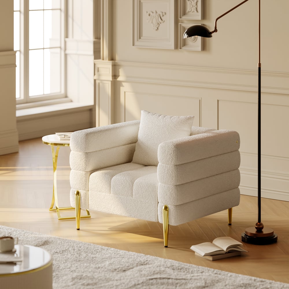 Questions et Réponses pour Fauteuil d'appoint rembourré Aurora Boucle au fini doré, ensemble de 2