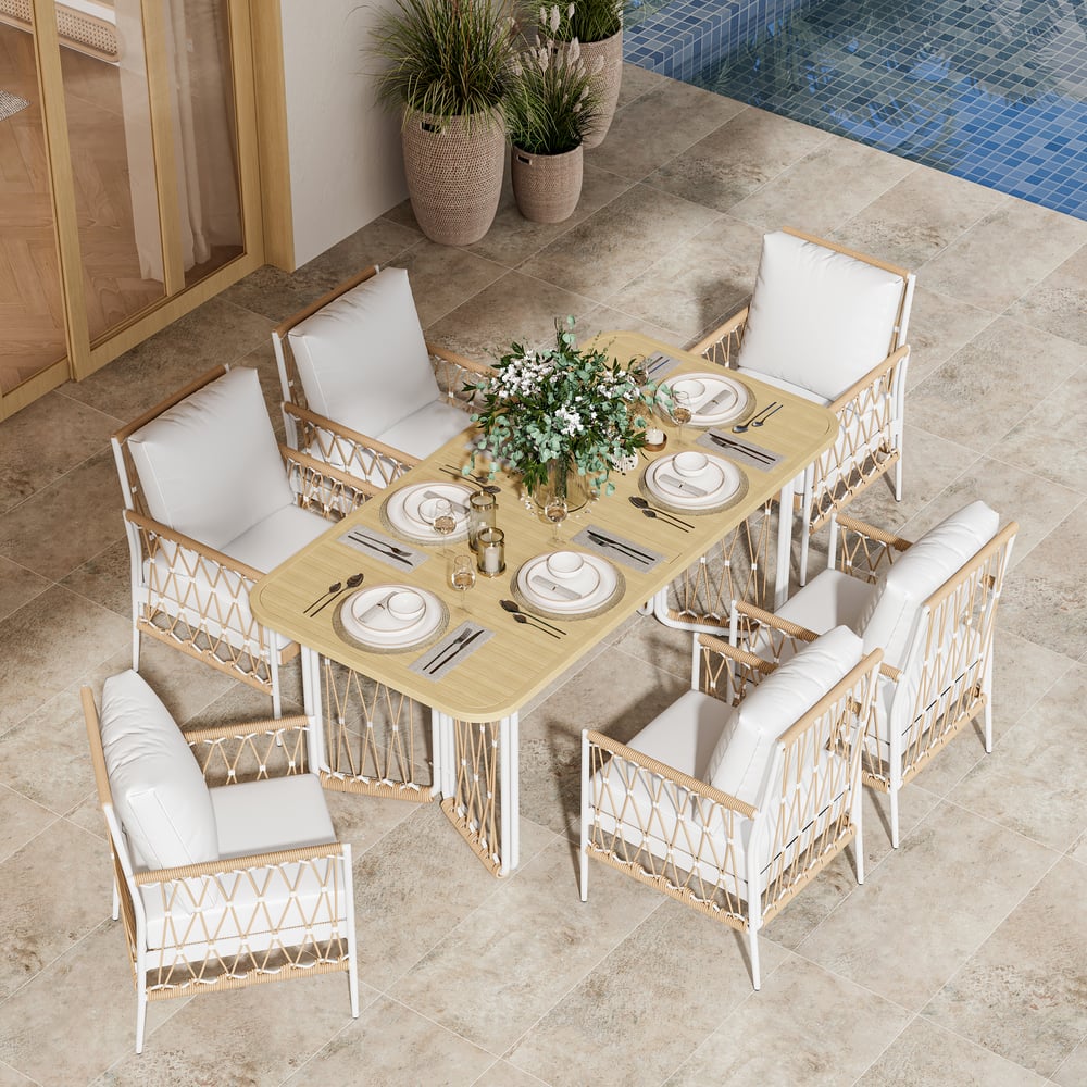 Customer Reviews for Ropipe 7-Pieces Woven Rope Outdoor Dining Sofa Set in Khaki & White For 6