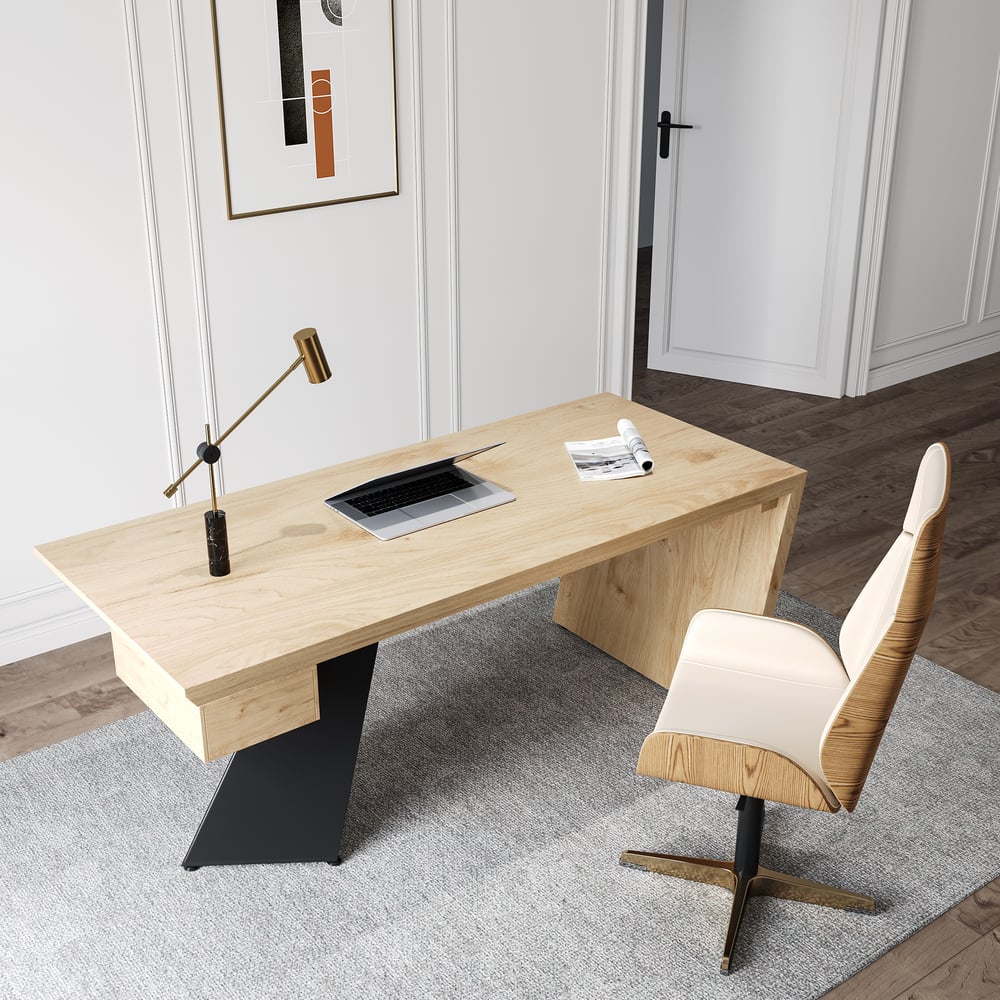 Questions et Réponses pour Ensemble de bureau industriel en bois naturel et de chaise de bureau en cuir (1600 mm)