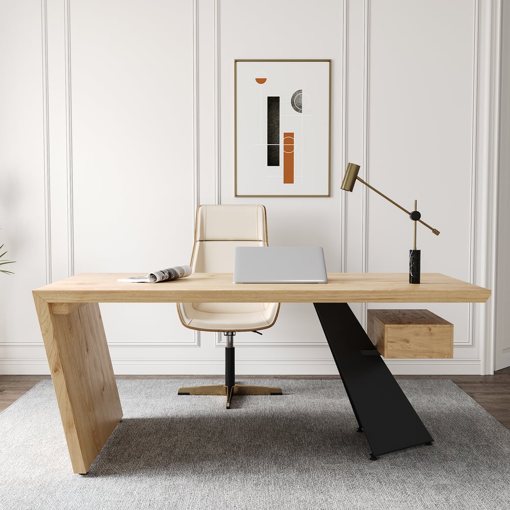 Questions et Réponses pour Ensemble de bureau industriel en bois naturel et de chaise de bureau en cuir (1600 mm)