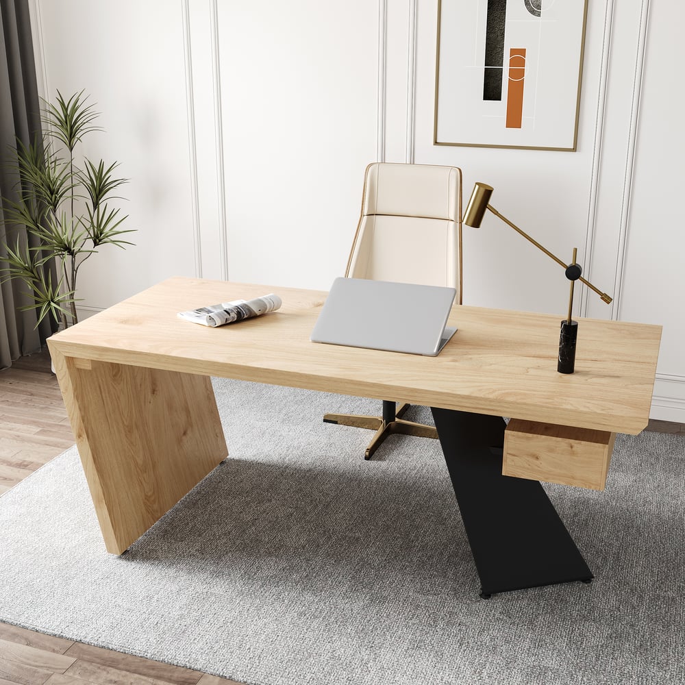 Questions et Réponses pour Ensemble de bureau industriel en bois naturel et de chaise de bureau en cuir (1600 mm)