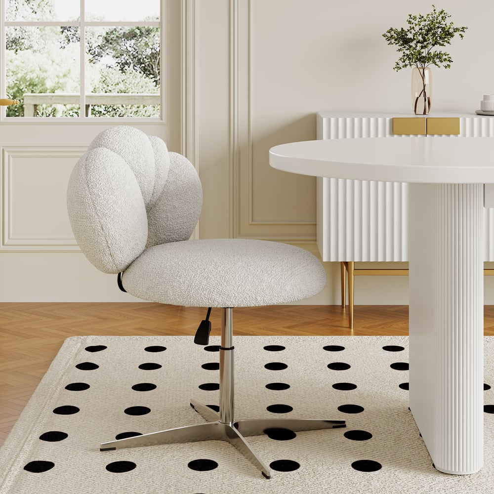 Pytania i odpowiedzi dla Nowoczesne regulowane obrotowe krzesła jadalne z wełny jagnięcej z tapicerką białe