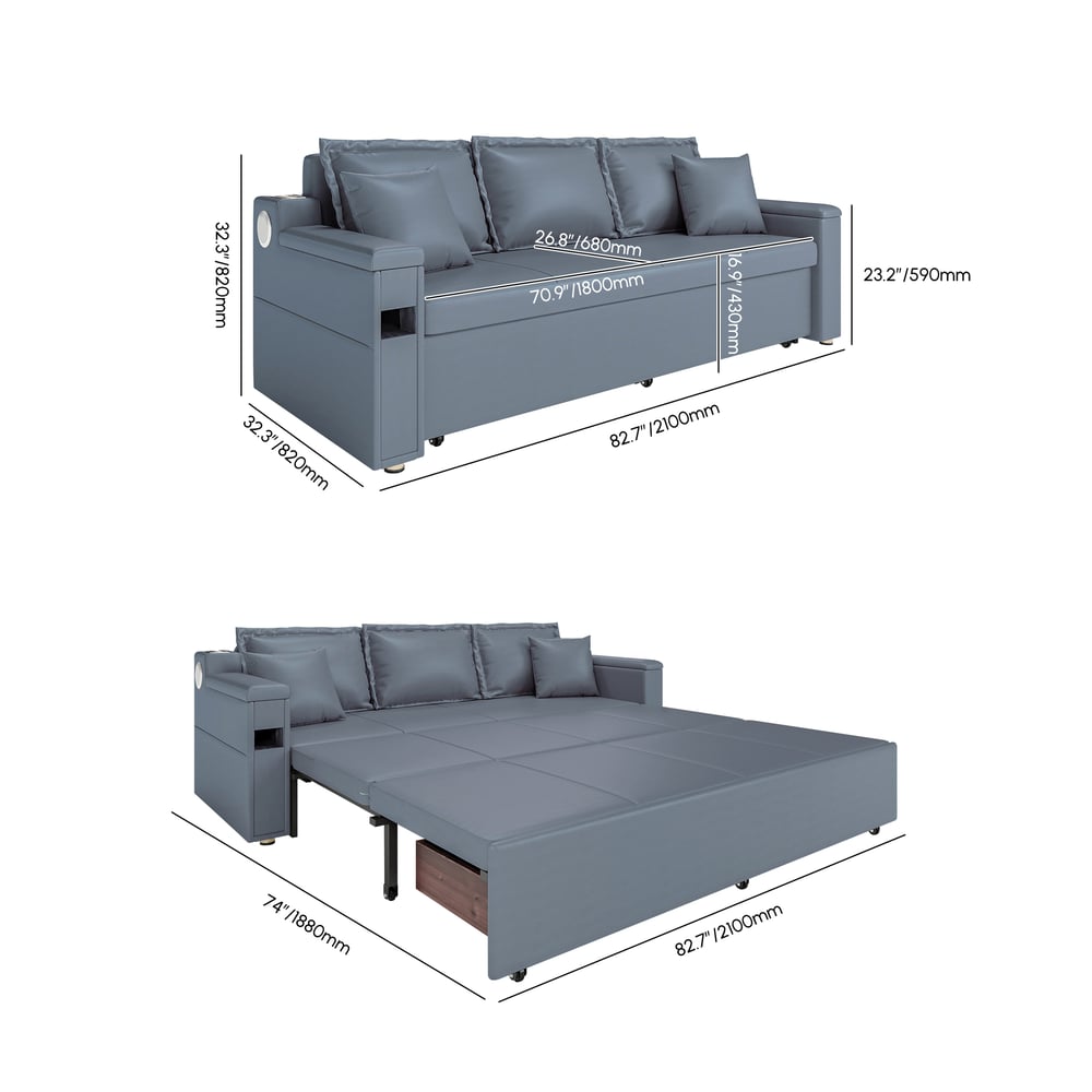 83" King 3-Seater Leather Sleeper Sofa with Speaker & USB Ports weights dimensions image