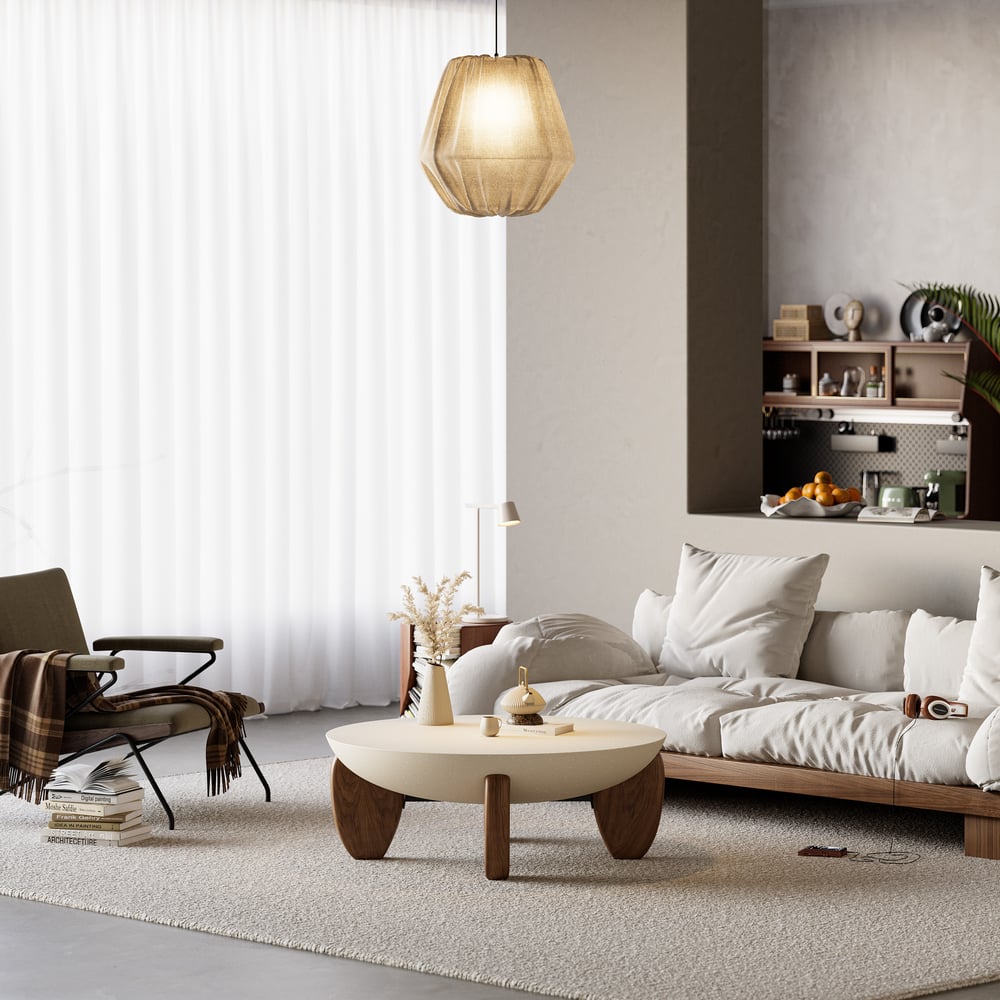 Avis Clients sur Table basse ronde Curva en béton et noyer avec pieds en bois