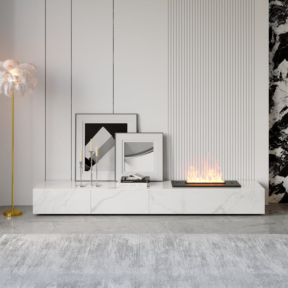 Questions et Réponses pour Meuble TV avec foyer électrique en tôle frittée, 200 cm, couleur blanche