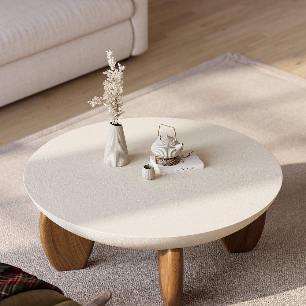 Avis Clients sur Table basse ronde Curva en béton et noyer avec pieds en bois