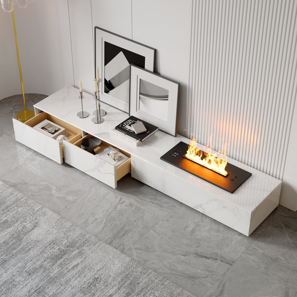 Hodnocení zákazníků pro položku Televizní skříňka s elektrickým krbem ve slinutém kamenném plechu, 220 cm, bílá barva