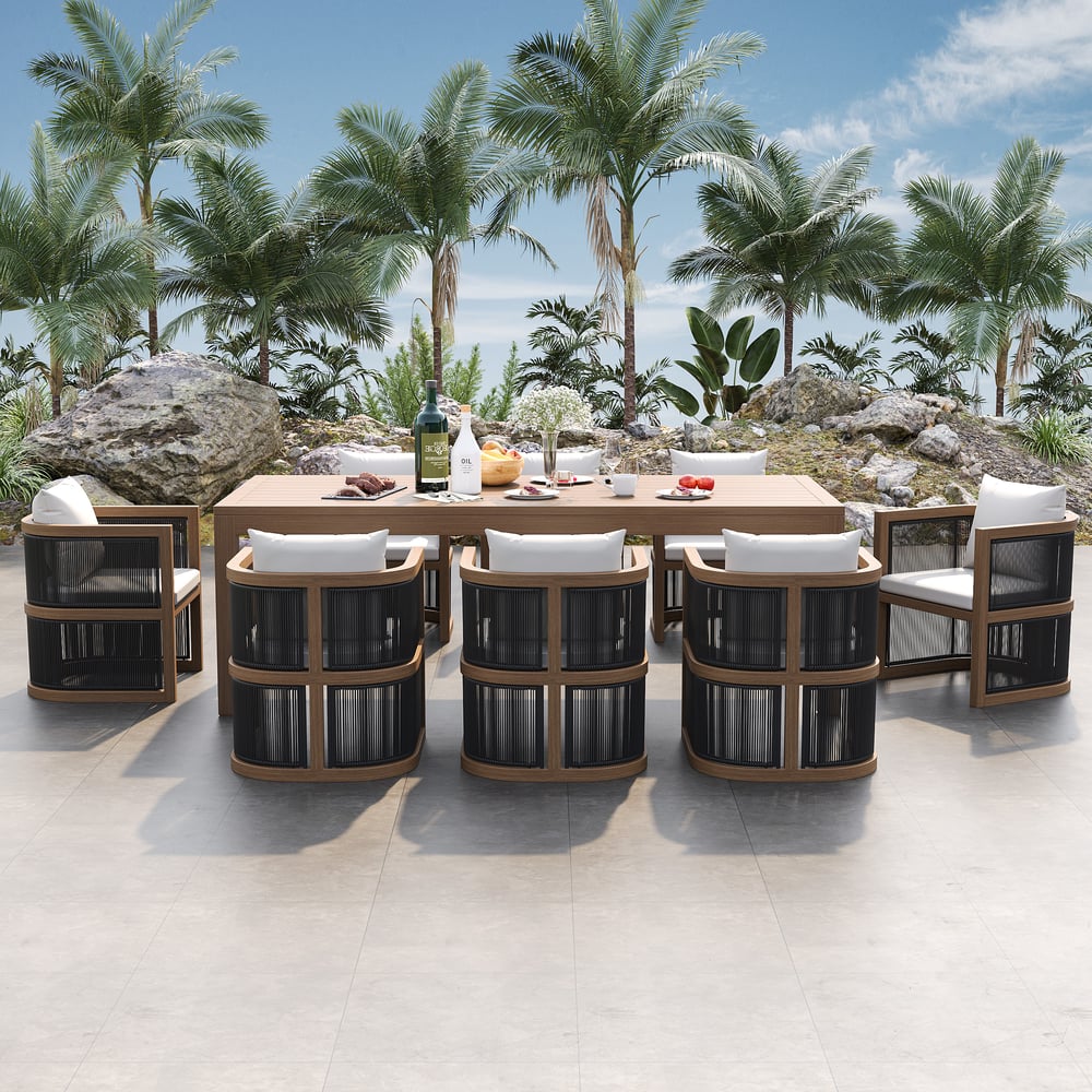 Vragen en antwoorden voor 9-delige eetset voor 8 personen met rechthoekige tafel en geweven fauteuiltouw, natuurlijke kleur