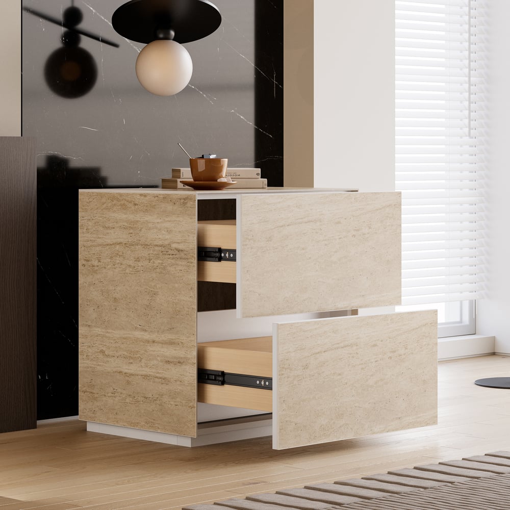 Questions et Réponses pour Table de chevet à 2 tiroirs en travertin 600 mm, lot de 2