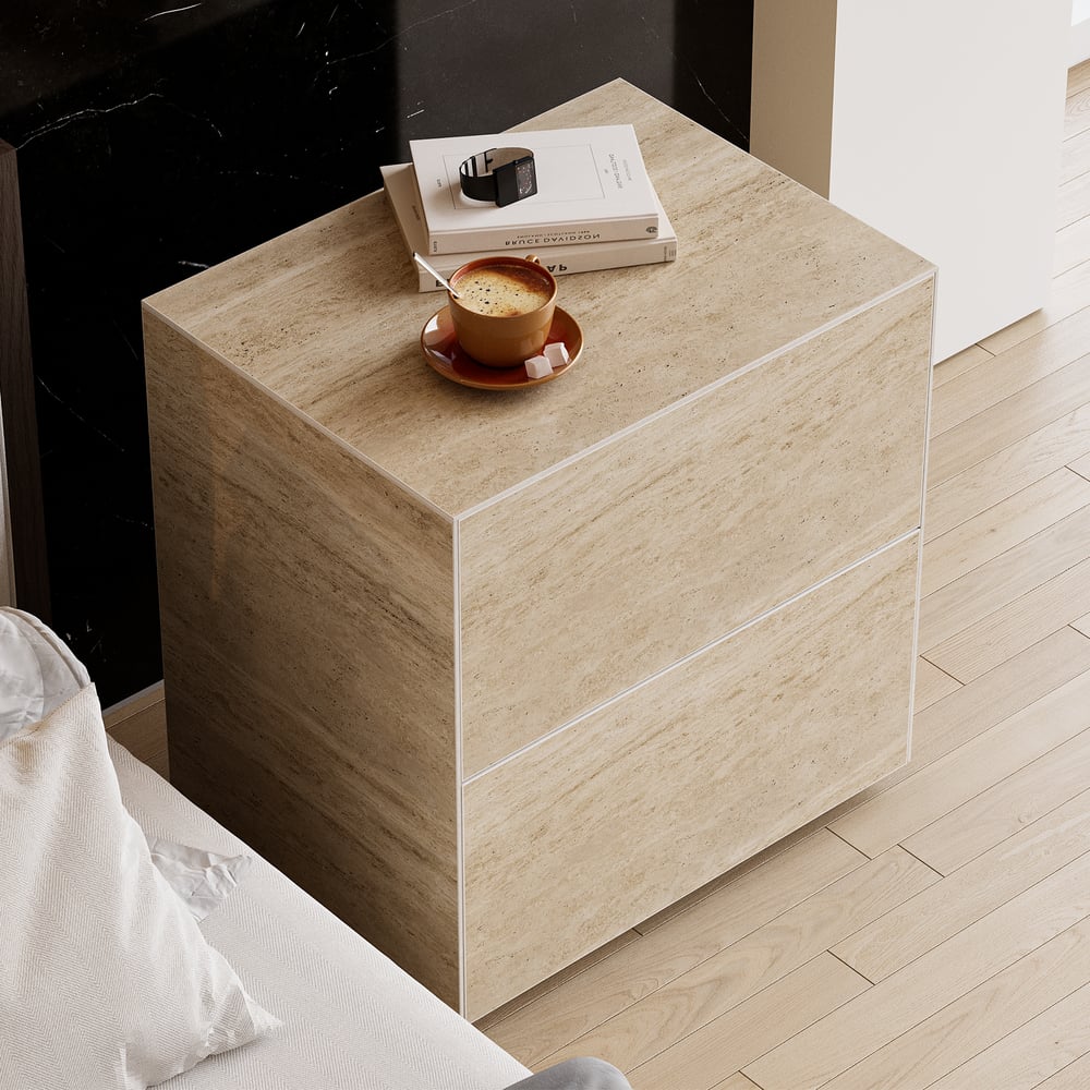 Questions et Réponses pour Table de chevet à 2 tiroirs en travertin 600 mm, lot de 2