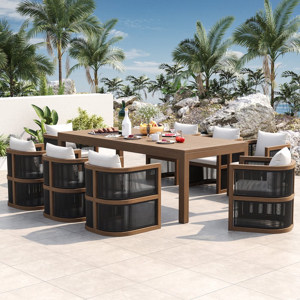 Vragen en antwoorden voor 9-delige eetset voor 8 personen met rechthoekige tafel en geweven fauteuiltouw, natuurlijke kleur