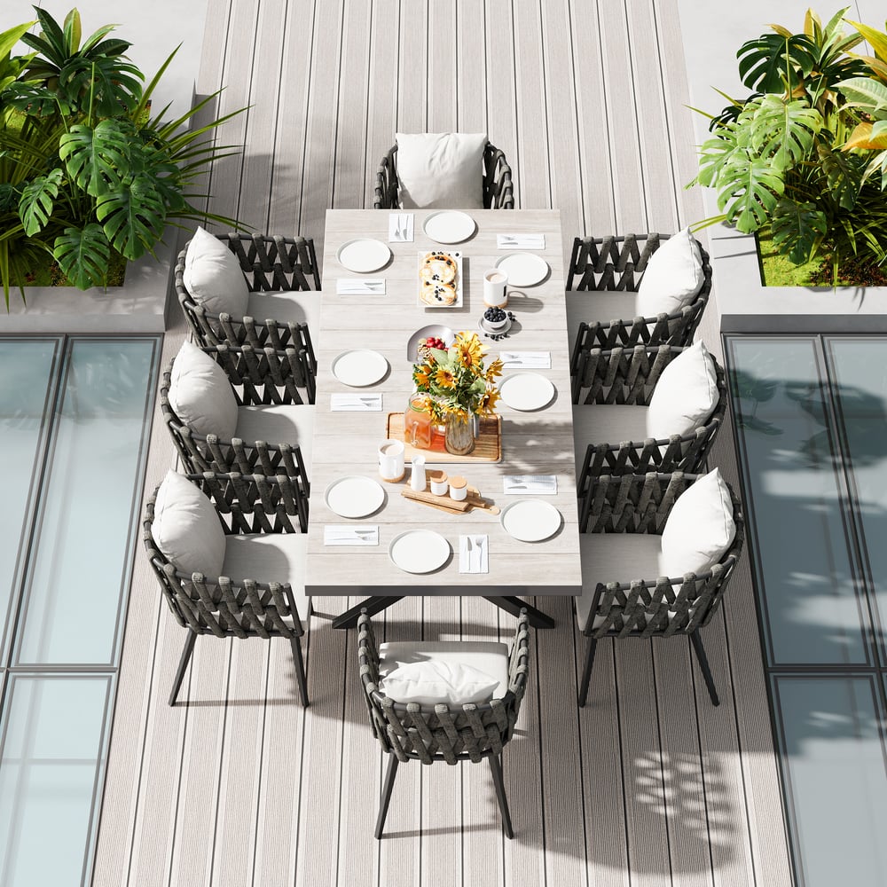 Questions et Réponses pour Ensemble de salle à manger d'extérieur extensible 9 pièces avec fauteuils tissés pour 8 personnes (1630 mm-2140 mm)