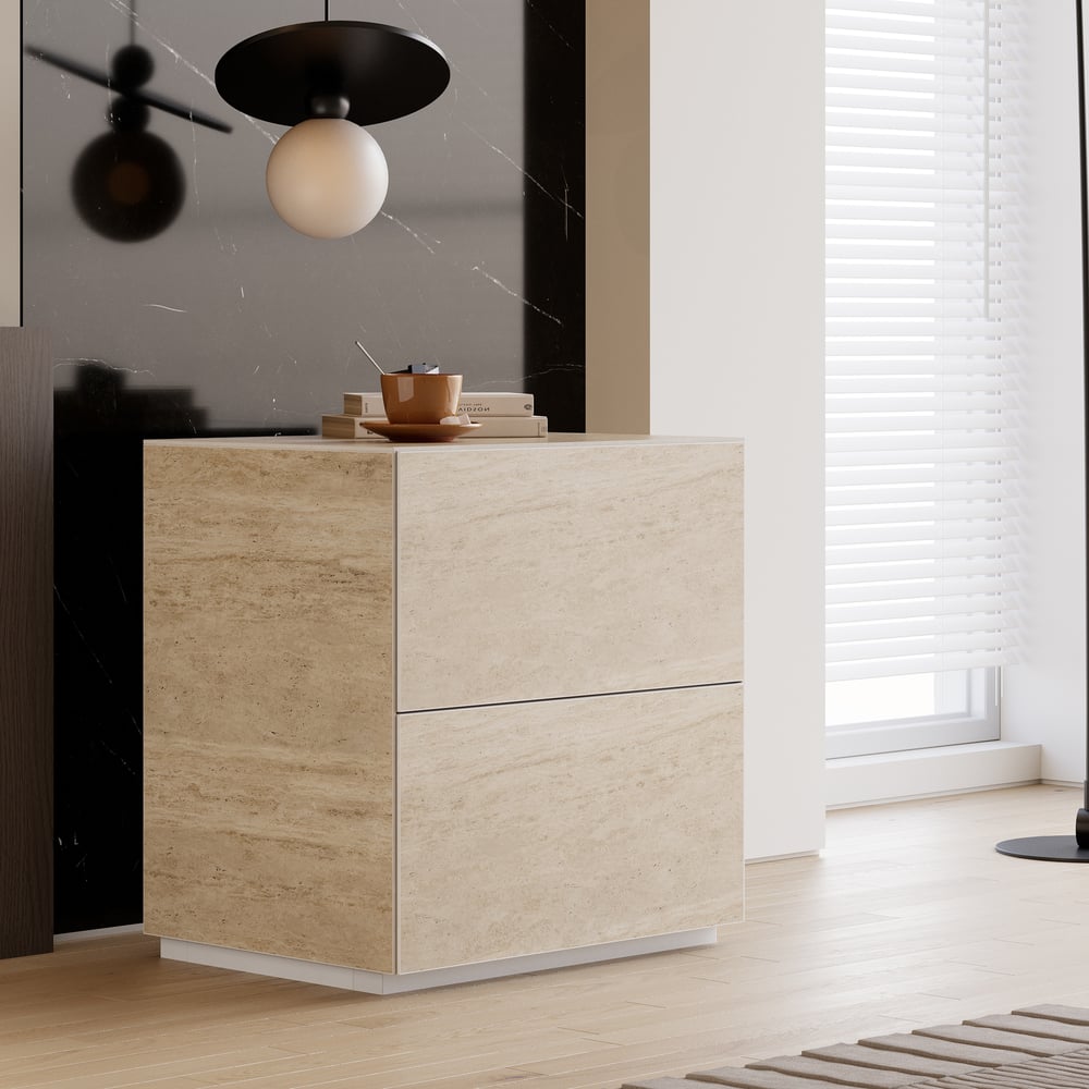 Questions et Réponses pour Table de chevet à 2 tiroirs en travertin 600 mm, lot de 2