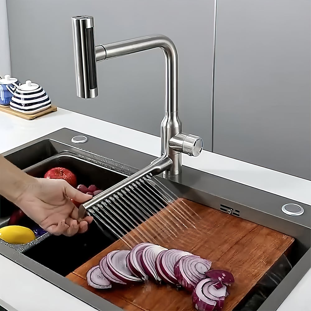 Questions and Answers for 720° Rotating Pull-Out Design Swivel Waterfall Kitchen Faucet
