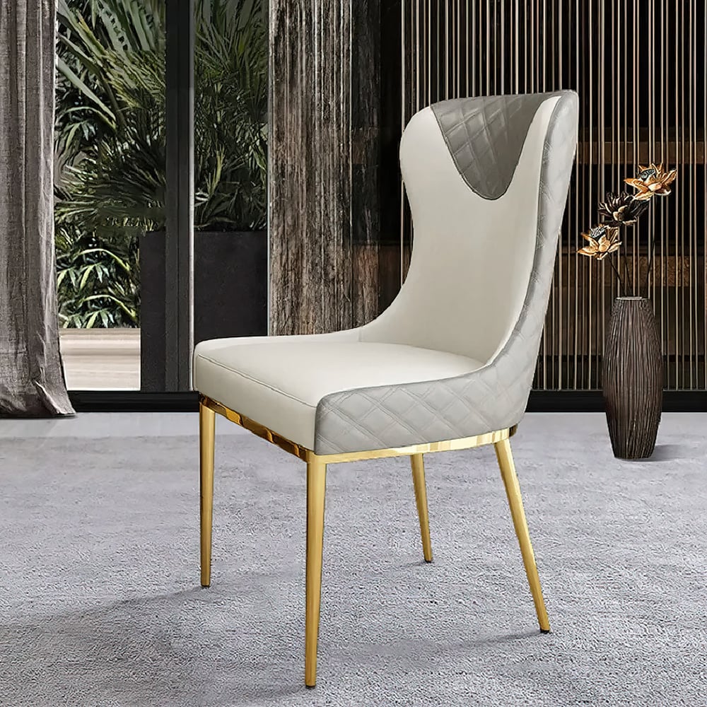Questions et Réponses pour Chaise de salle à manger moderne Wingback, chaise d'appoint rembourrée en cuir PU gris, 4 pièces, pieds dorés