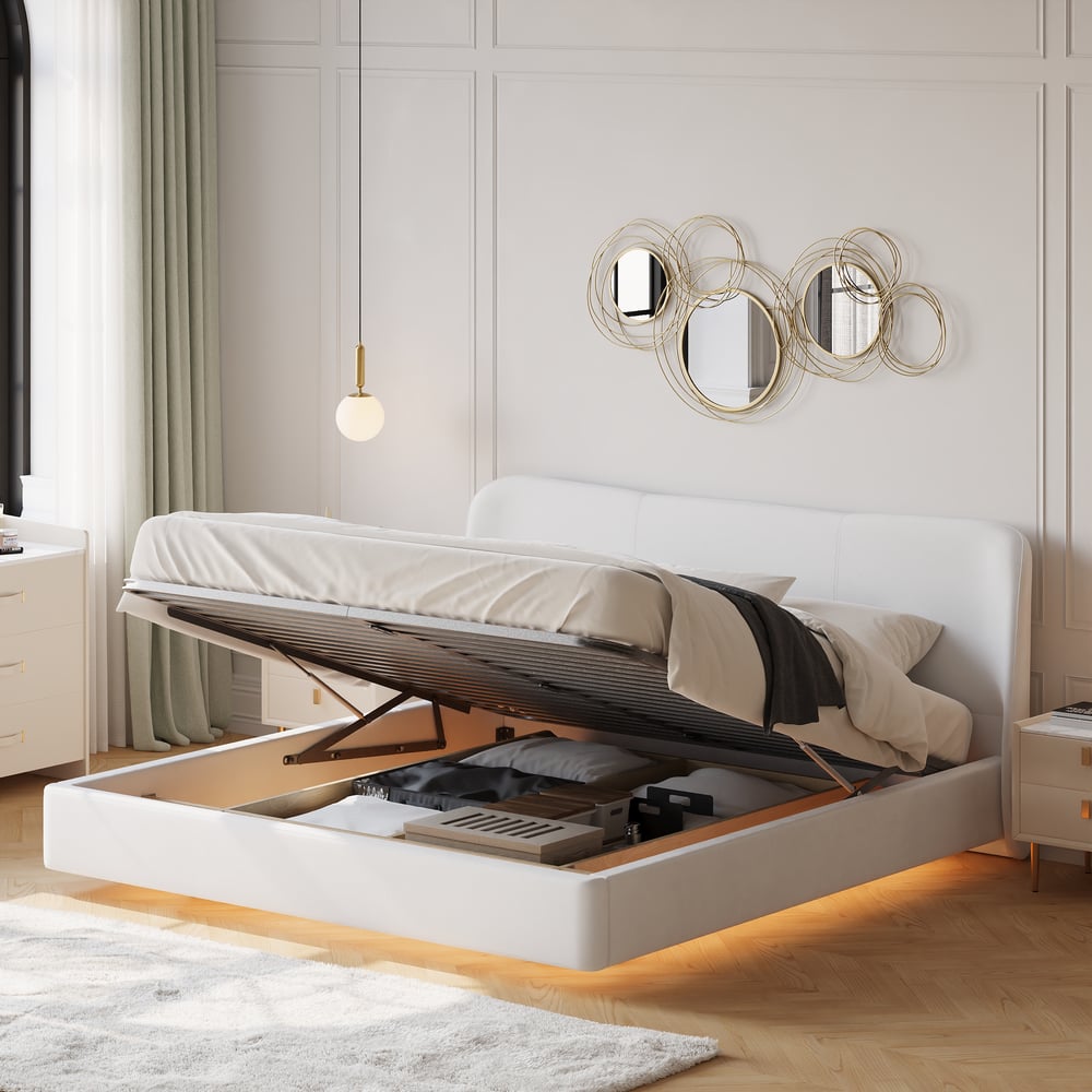 Otázky a odpovědi pro Moderní bílý rám postele 180 cm × 200 cm s koženou čelní deskou s opěradlem křídla