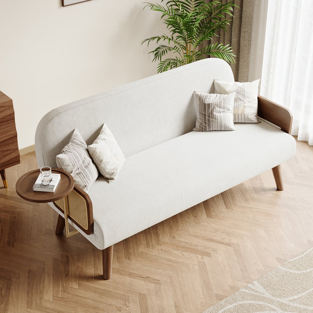 Questions et Réponses pour Canapé convertible 2 places en velours et rotin avec plateau tournant, 182 cm