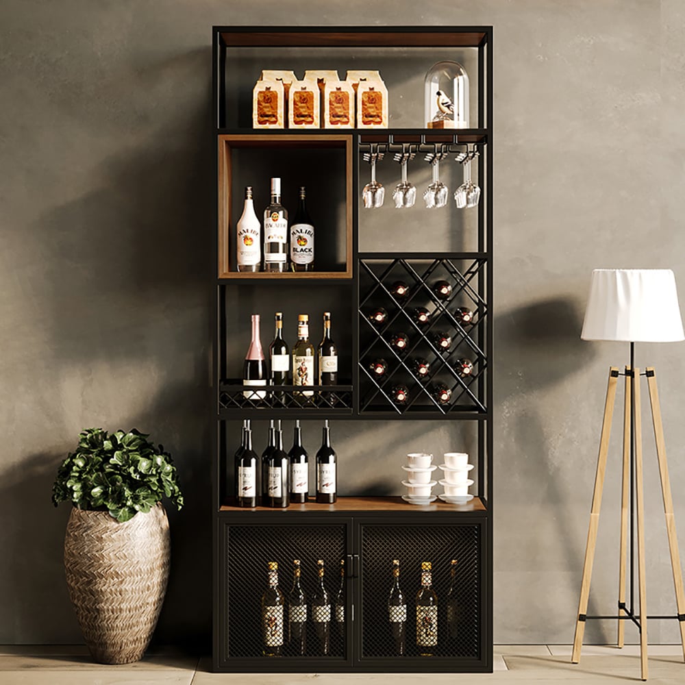 Customer Reviews for Industrial Tall Black Bar Wine Rack Cabinet with Glass Holder Wood  Home Bar Cabinet