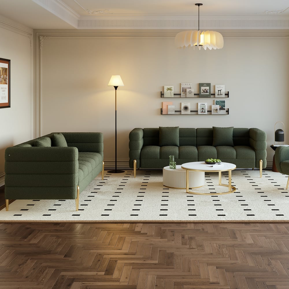 Reseñas de Clientes para Sofá acanalado Aurora de 2010 mm con patas y almohadas doradas, juego de 2