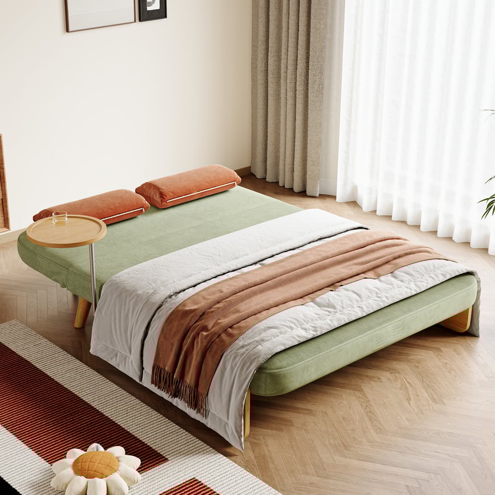 Questions et Réponses pour Canapé-lit 2 places en velours et rotin avec étagère pivotante